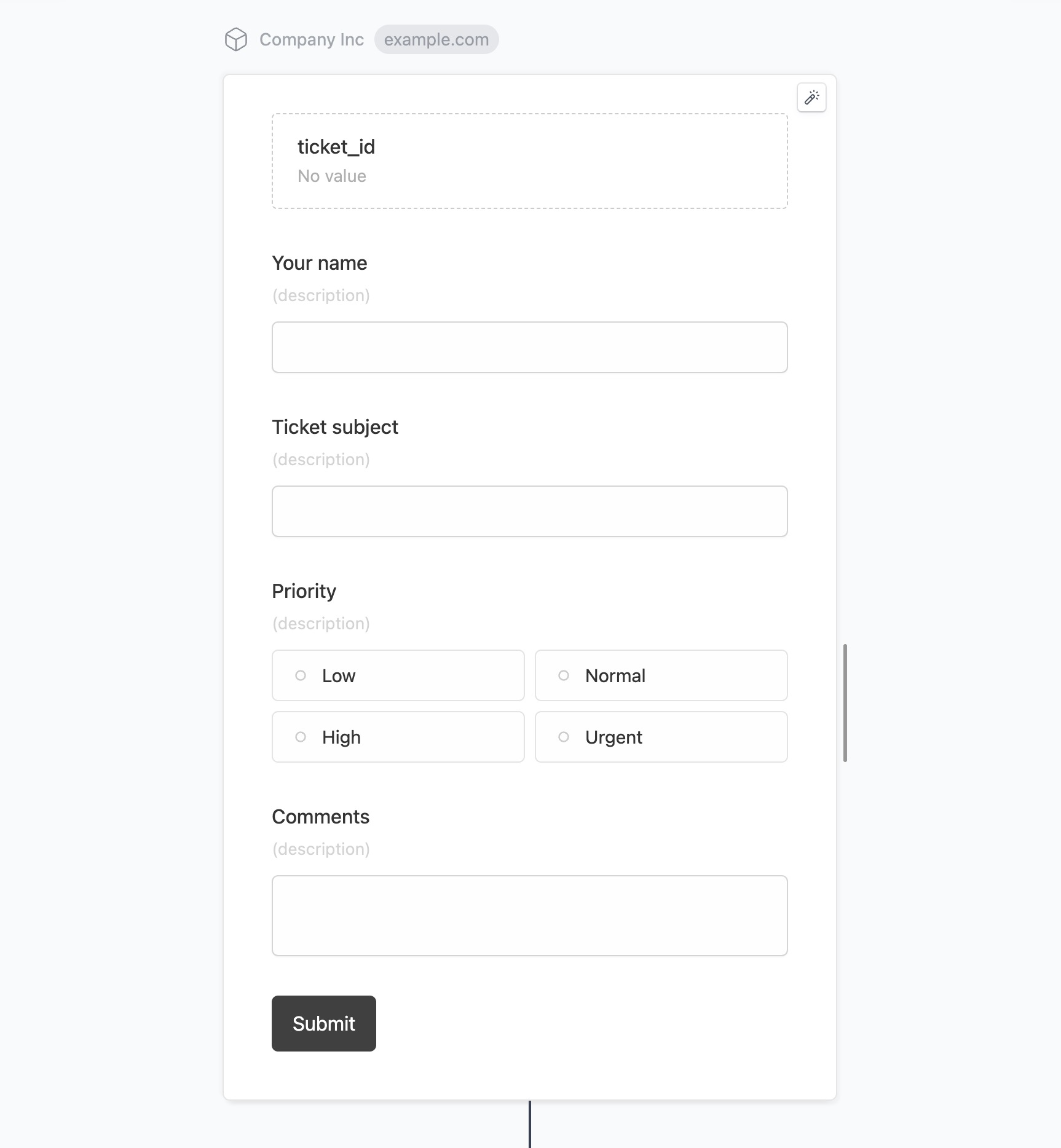 Form editor with an Zendesk update ticket form