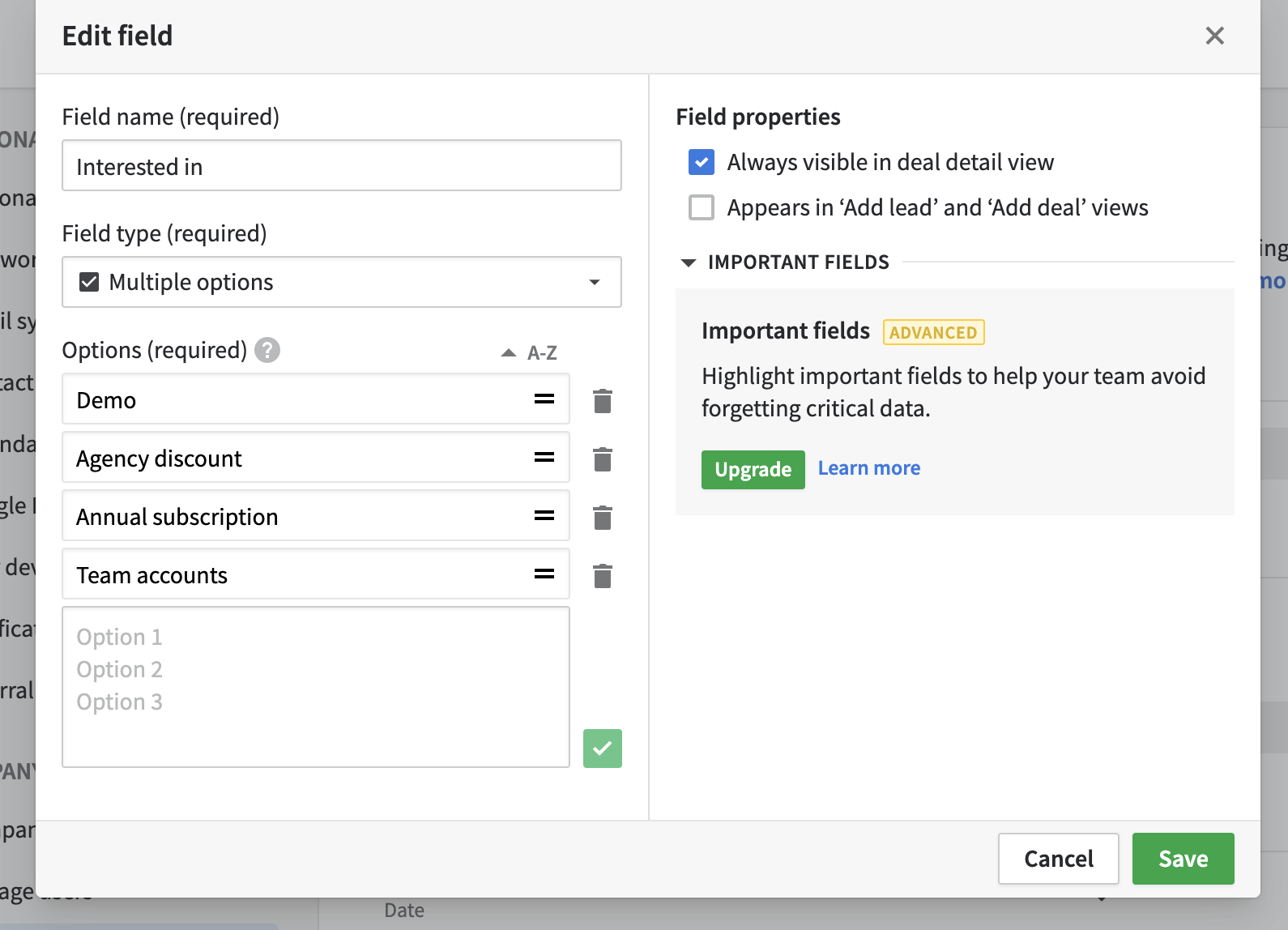 A custom multiple options field in Pipedrive