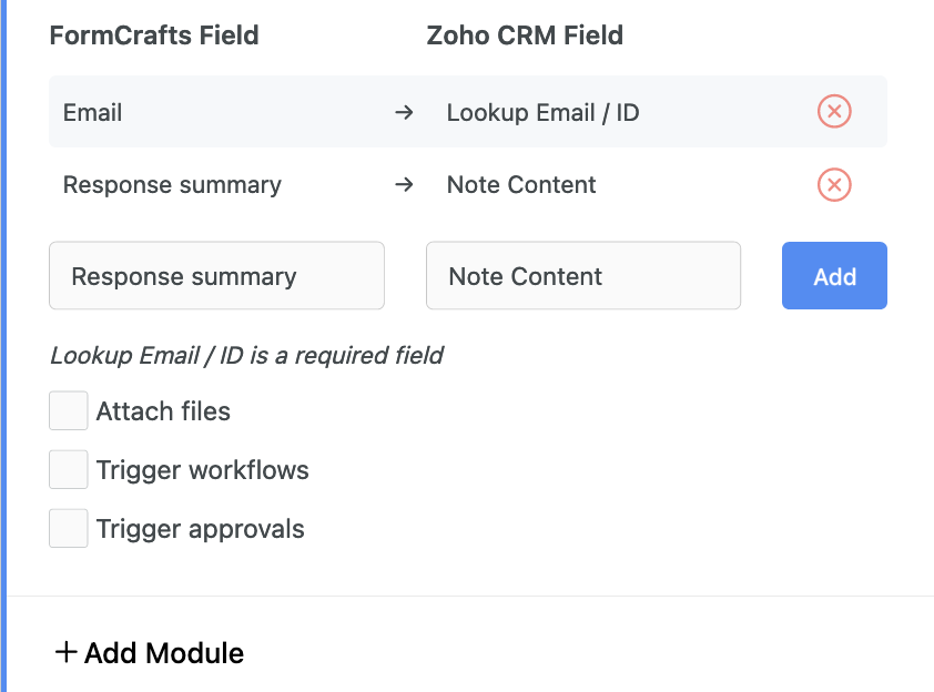 Creating a linked record (note) on a Zoho CRM lead