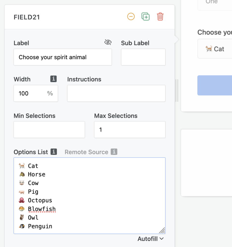 Form dropdown field option list