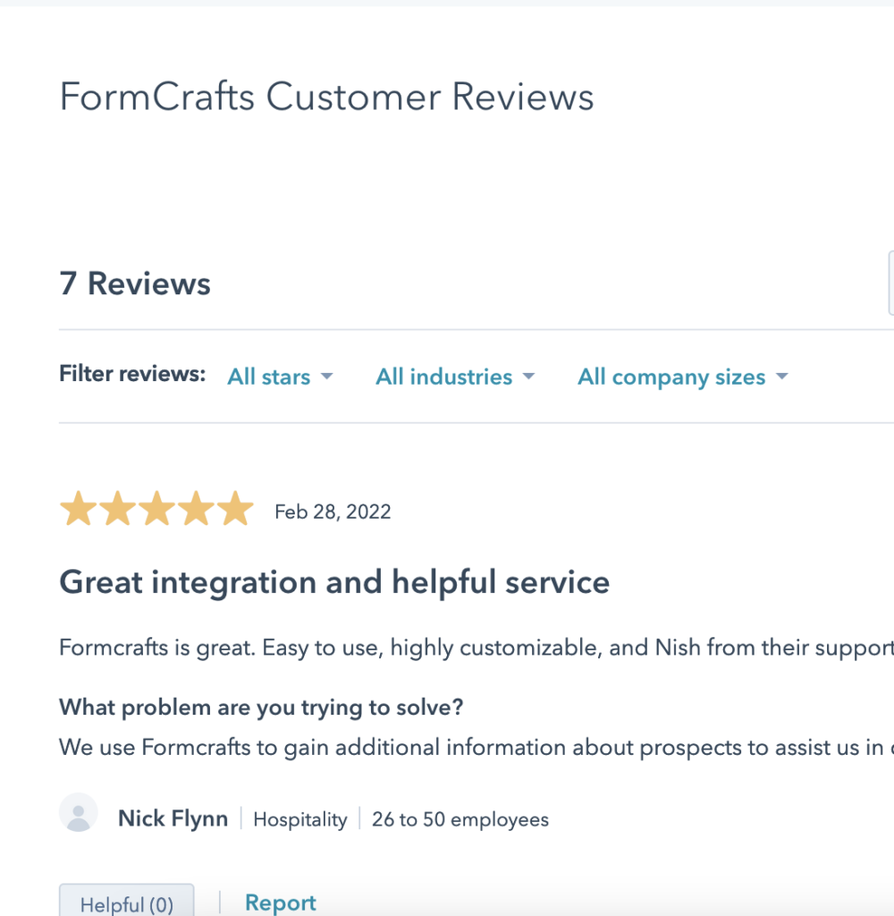 HubSpot marketplace reviews for FormCrafts