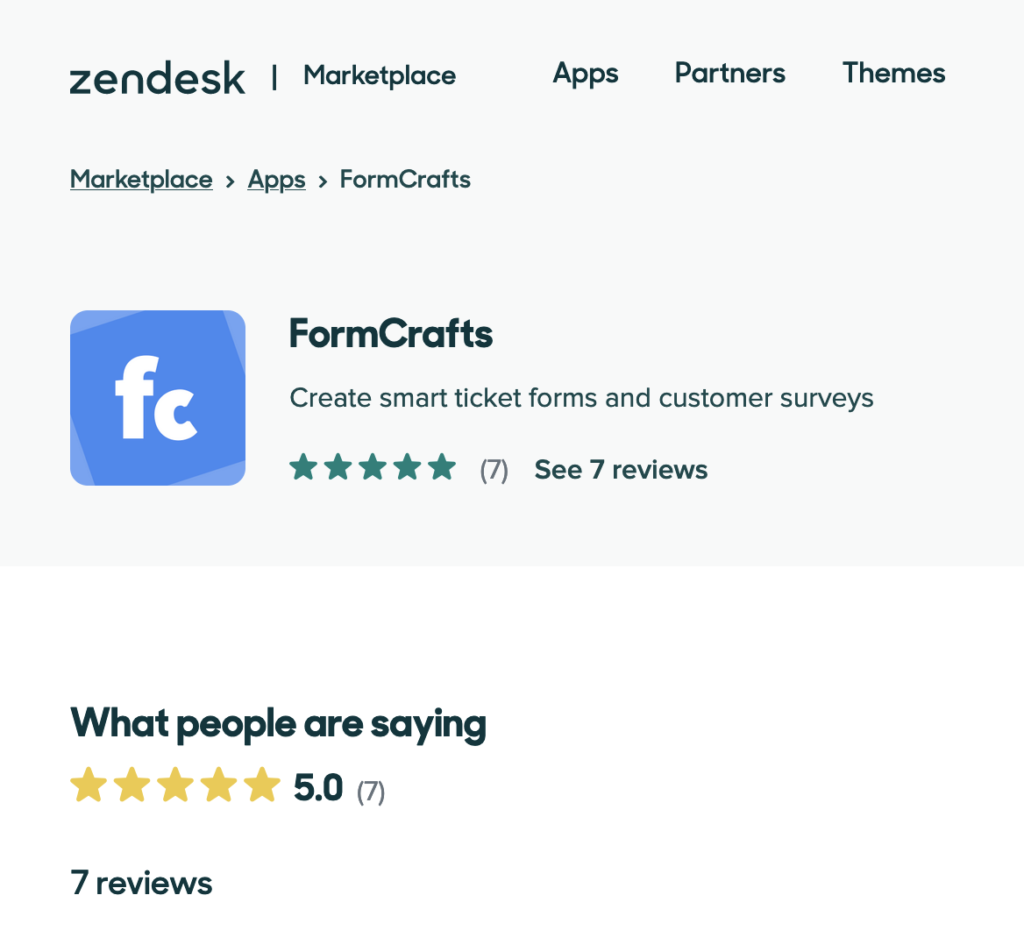 Zendesk marketplace reviews for FormCrafts