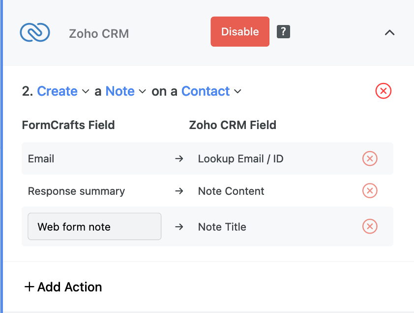 Zoho CRM create note form