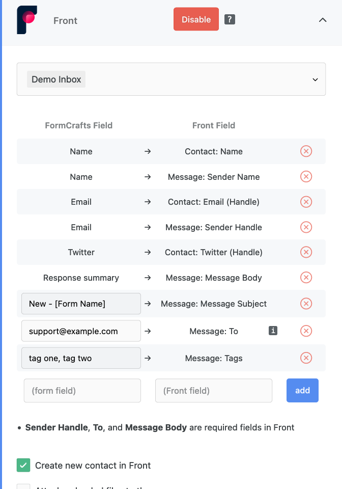Front app field mapping for contact form