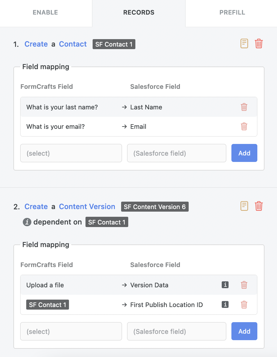 Field mapping for the Contact and Content Version objects