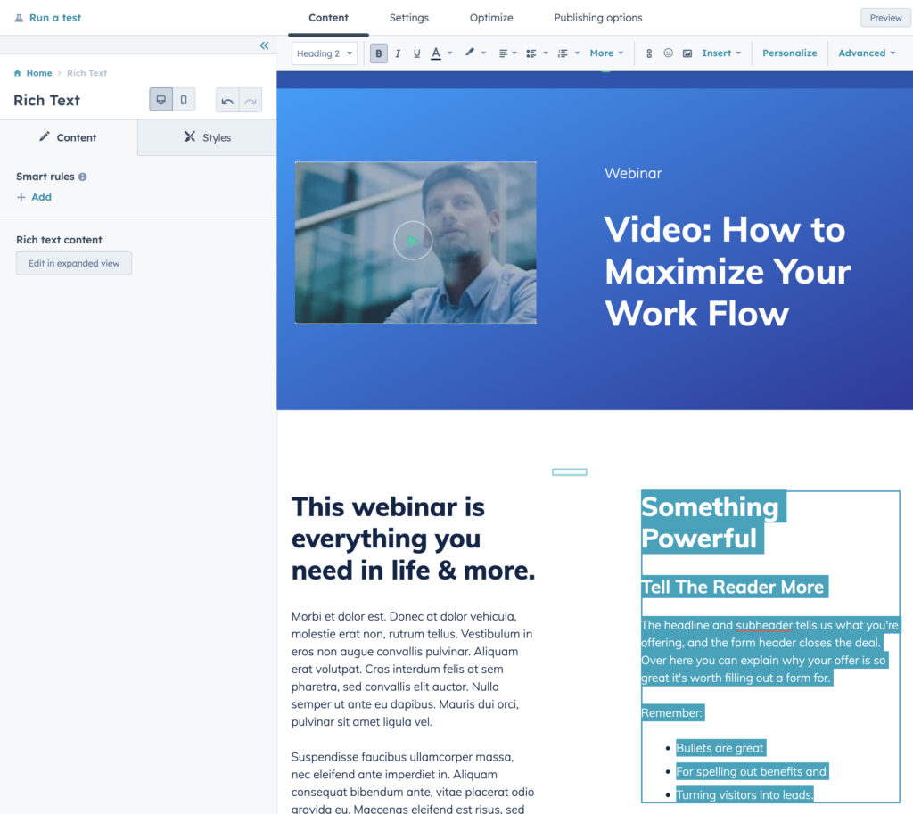 HubSpot webinar template with a Rich Text block