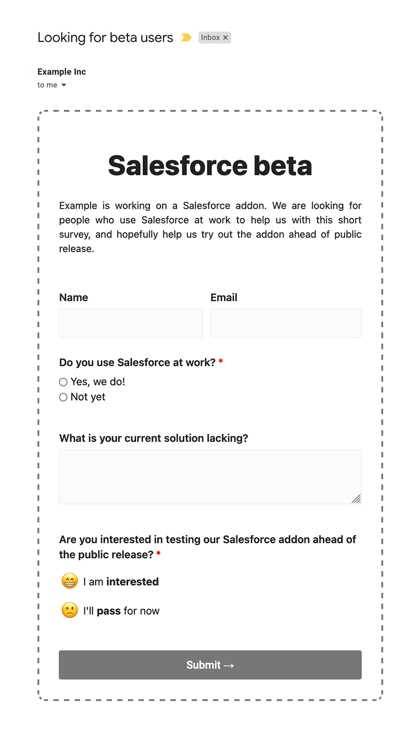 Beta user signup email form template