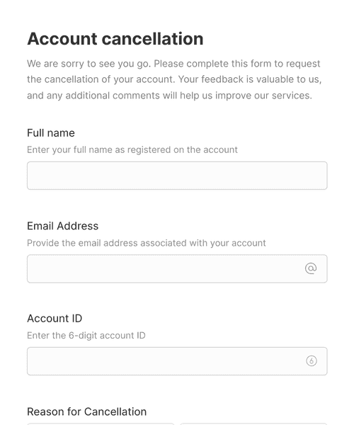 Thumbnail of a account cancellation request form template