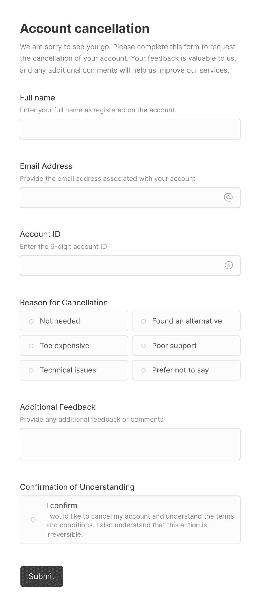 'Account cancellation request' form with various input fields and a submit button