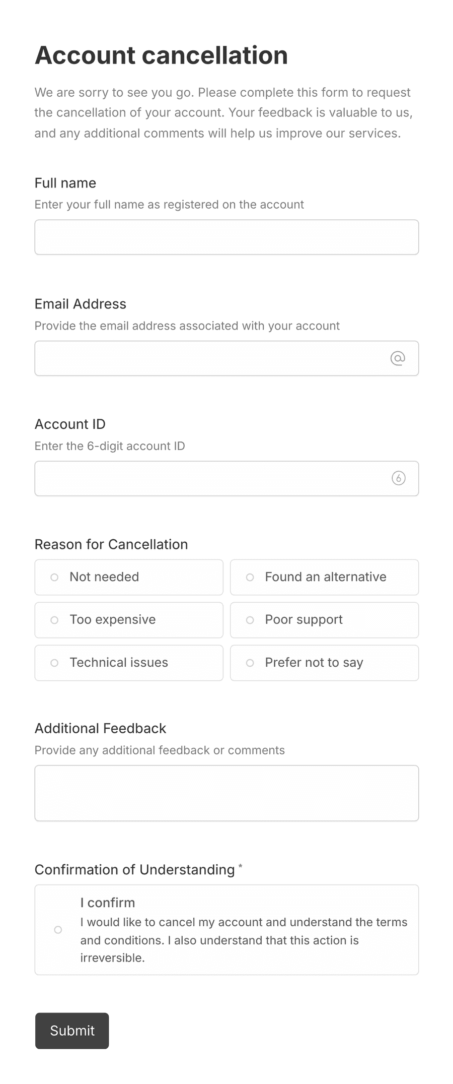 'Account cancellation request' form with various input fields and a submit button