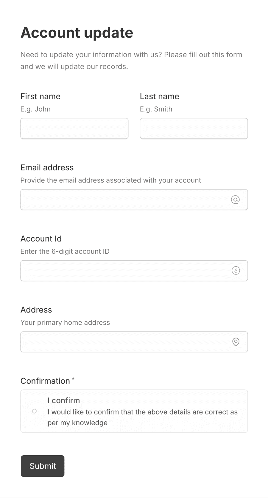 'Account update request' form with various input fields and a submit button