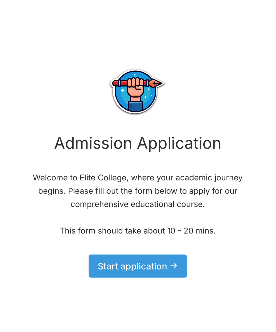 Welcome step of 'Admission application form' with an image, introduction text, and a 'Start application' button