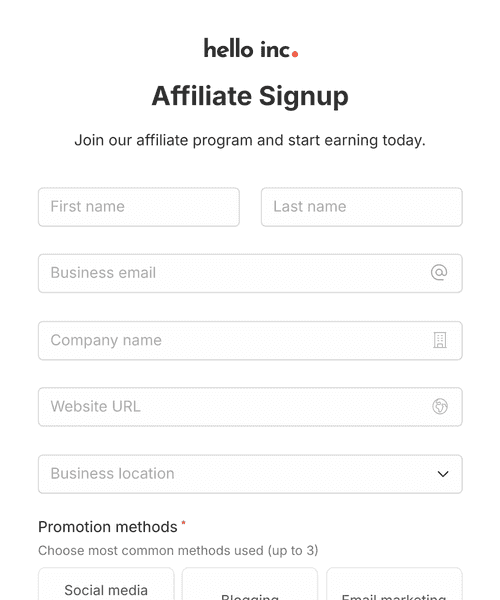 Thumbnail of a affiliate signup form form template