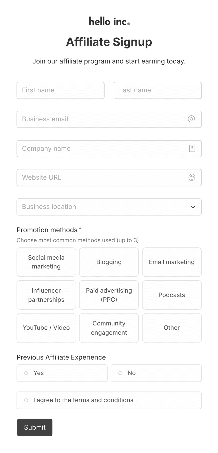 'Affiliate signup form' form with various input fields and a submit button