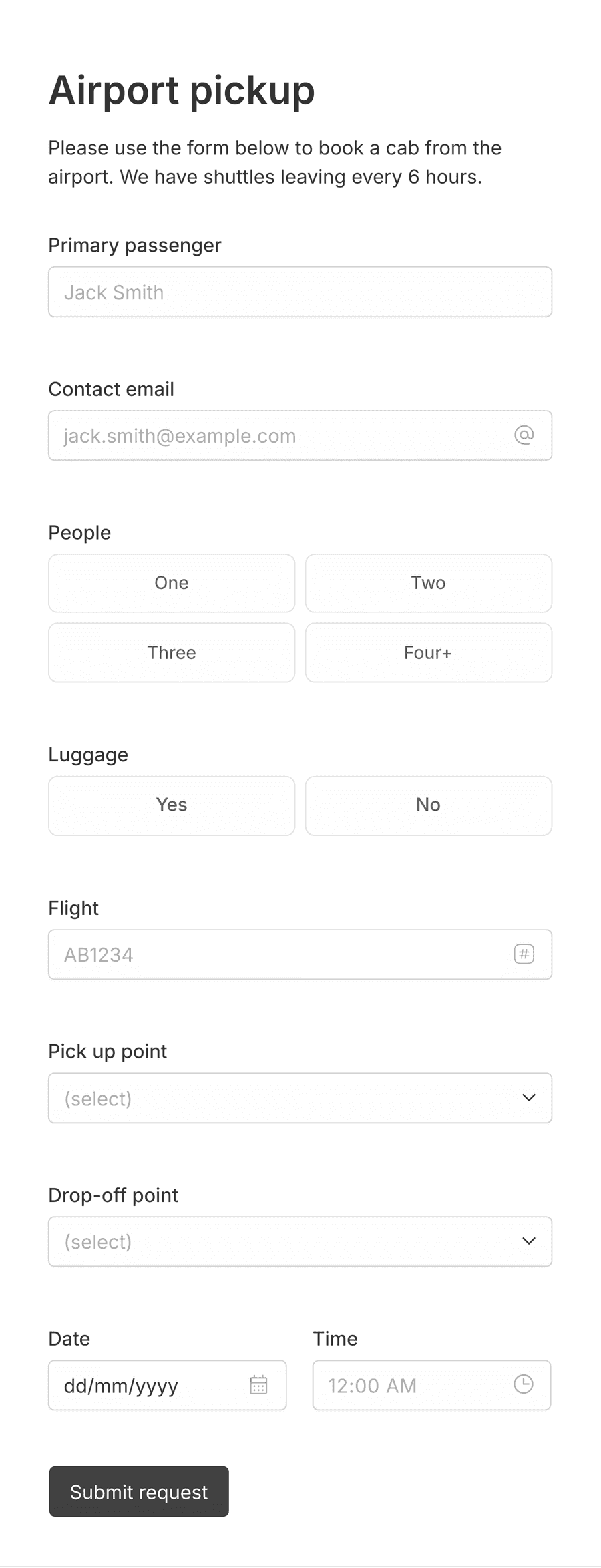 'Airport pickup request form' form with various input fields and a submit button