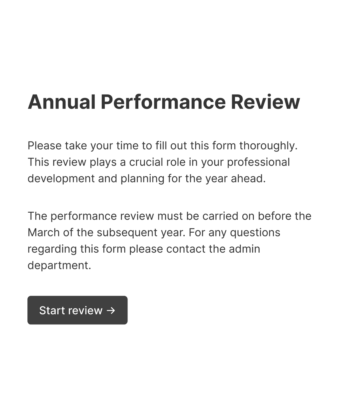Welcome step of 'Annual employee performance review' with introduction text, and a 'Start review' button