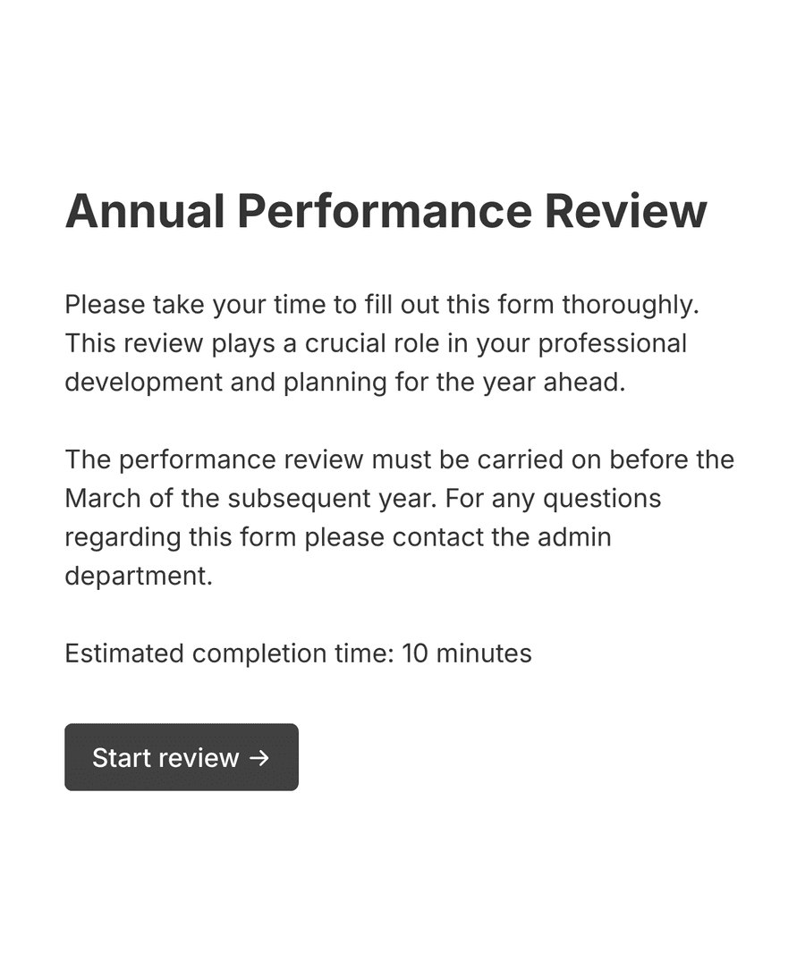 Welcome step of 'Annual employee performance review' with introduction text, and a 'Start review' button