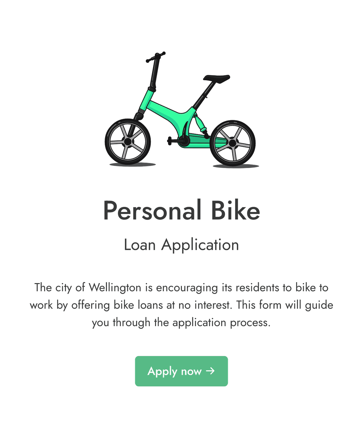Welcome step of 'Bike loan application form' with an image, introduction text, and a 'Apply now' button