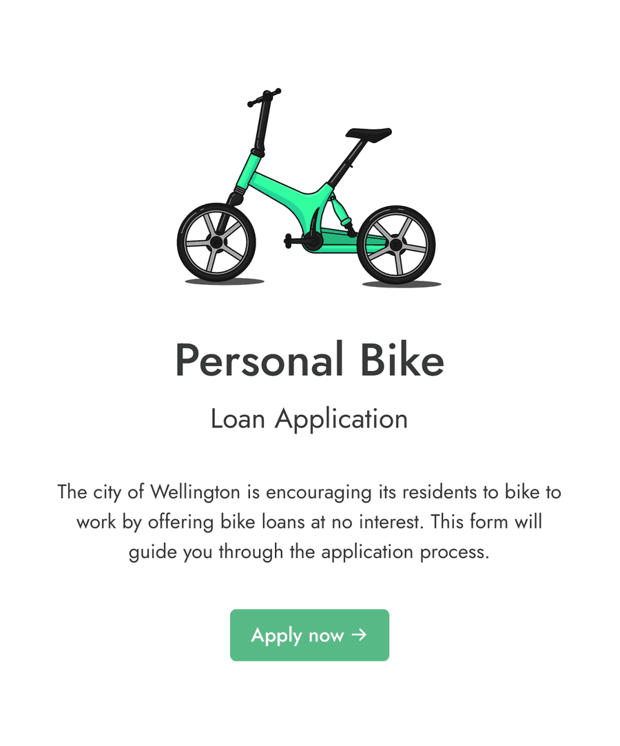 Welcome step of 'Bike loan application form' with an image, introduction text, and a 'Apply now' button