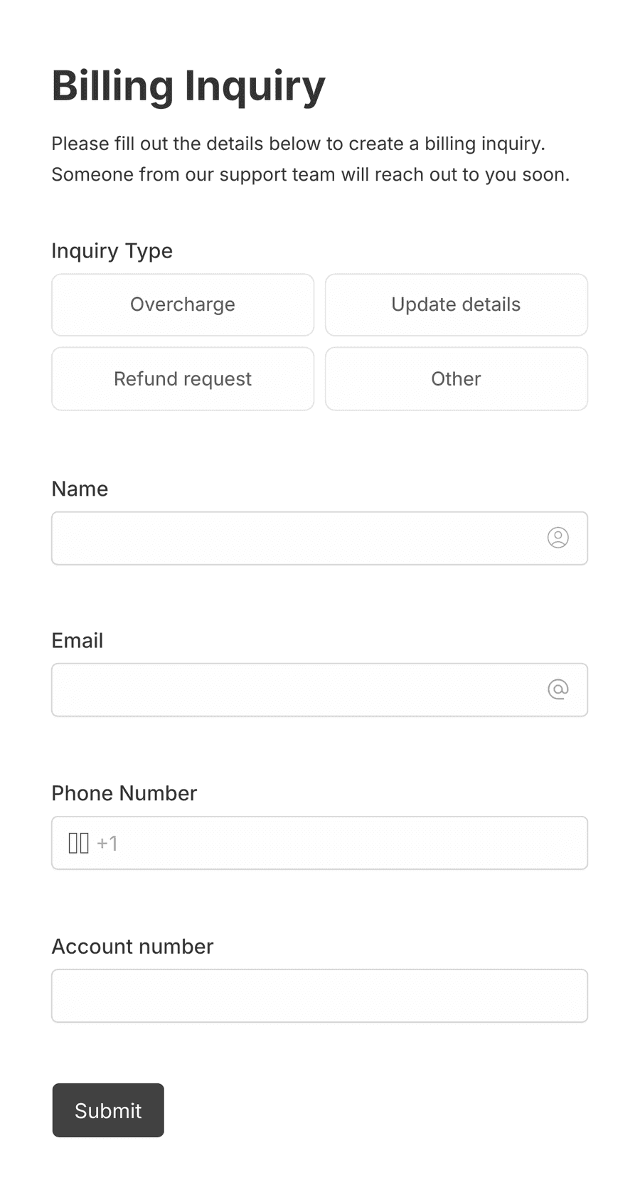 'Billing Inquiry Form' form with various input fields and a submit button