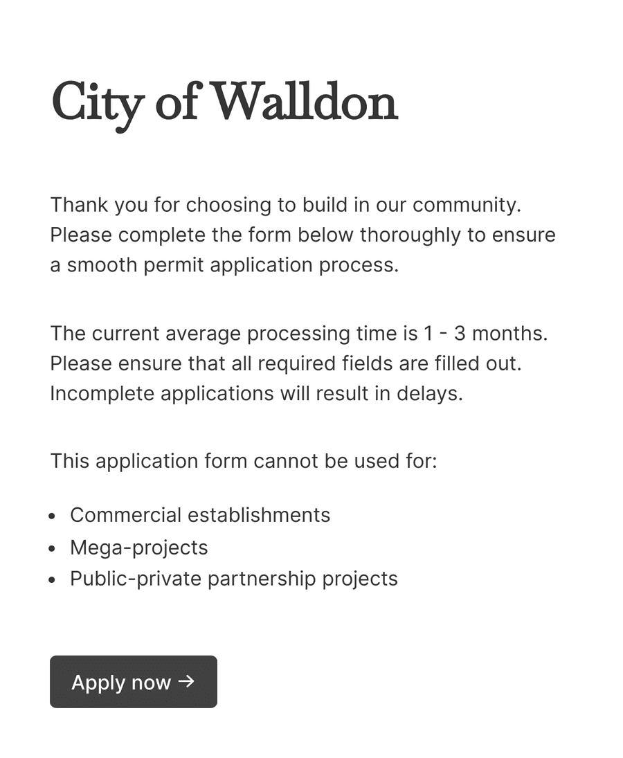 Welcome step of 'Building permit application form' with introduction text, and a 'Apply now' button