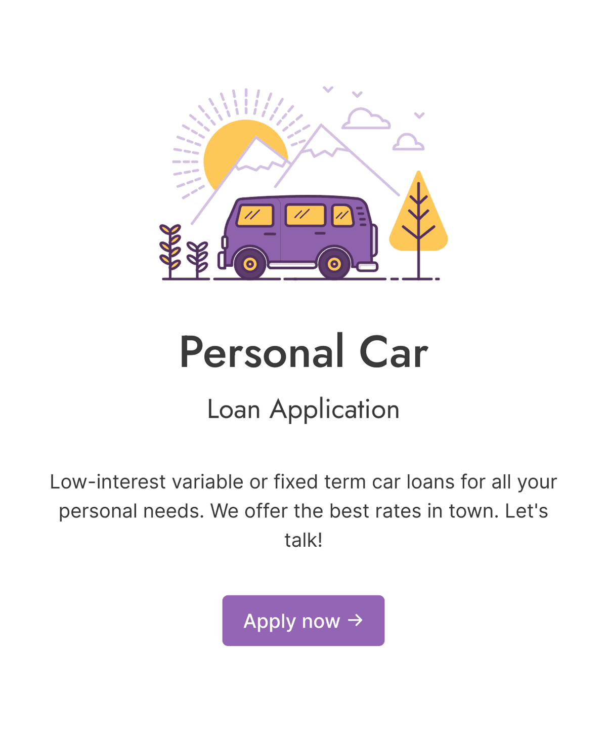Welcome step of 'Car loan application form' with an image, introduction text, and a 'Apply now' button