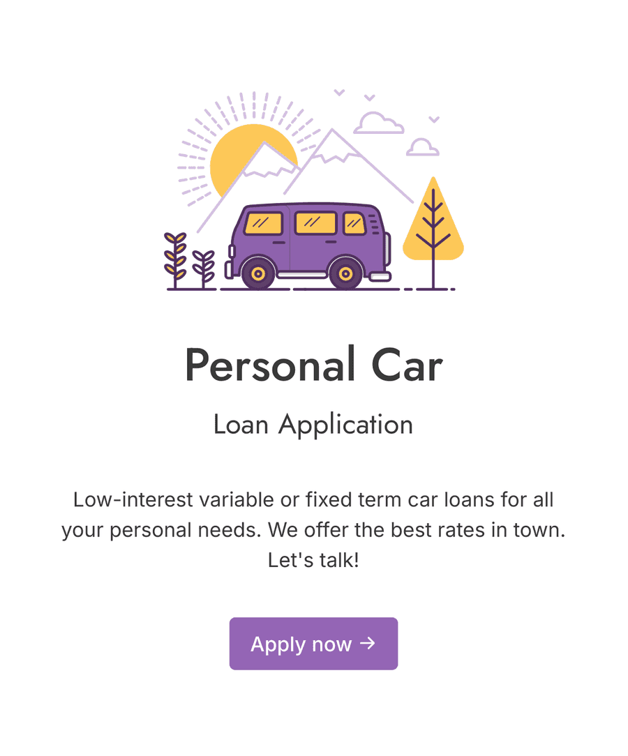 Welcome step of 'Car loan application form' with an image, introduction text, and a 'Apply now' button