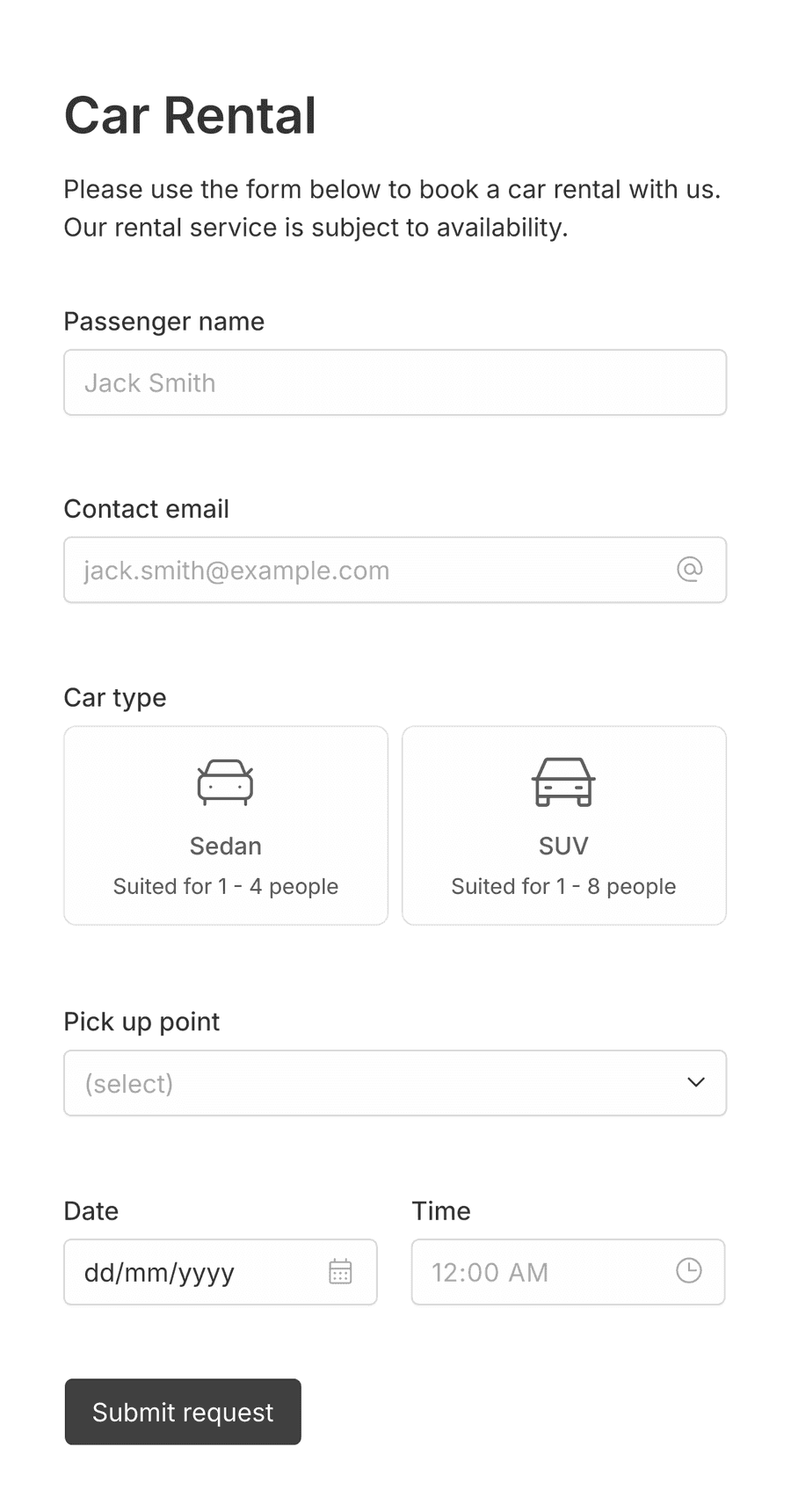 Car rental form with input fields and a submit button