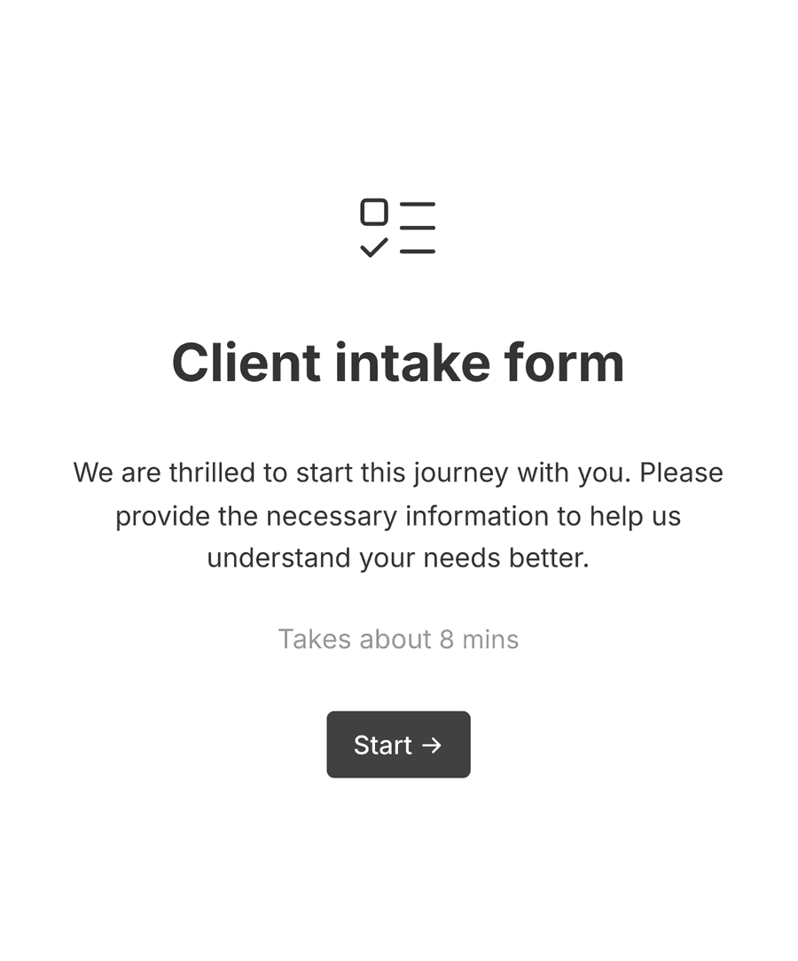 Welcome step of 'Client intake form' with an illustration, introduction text, and a 'Start' button