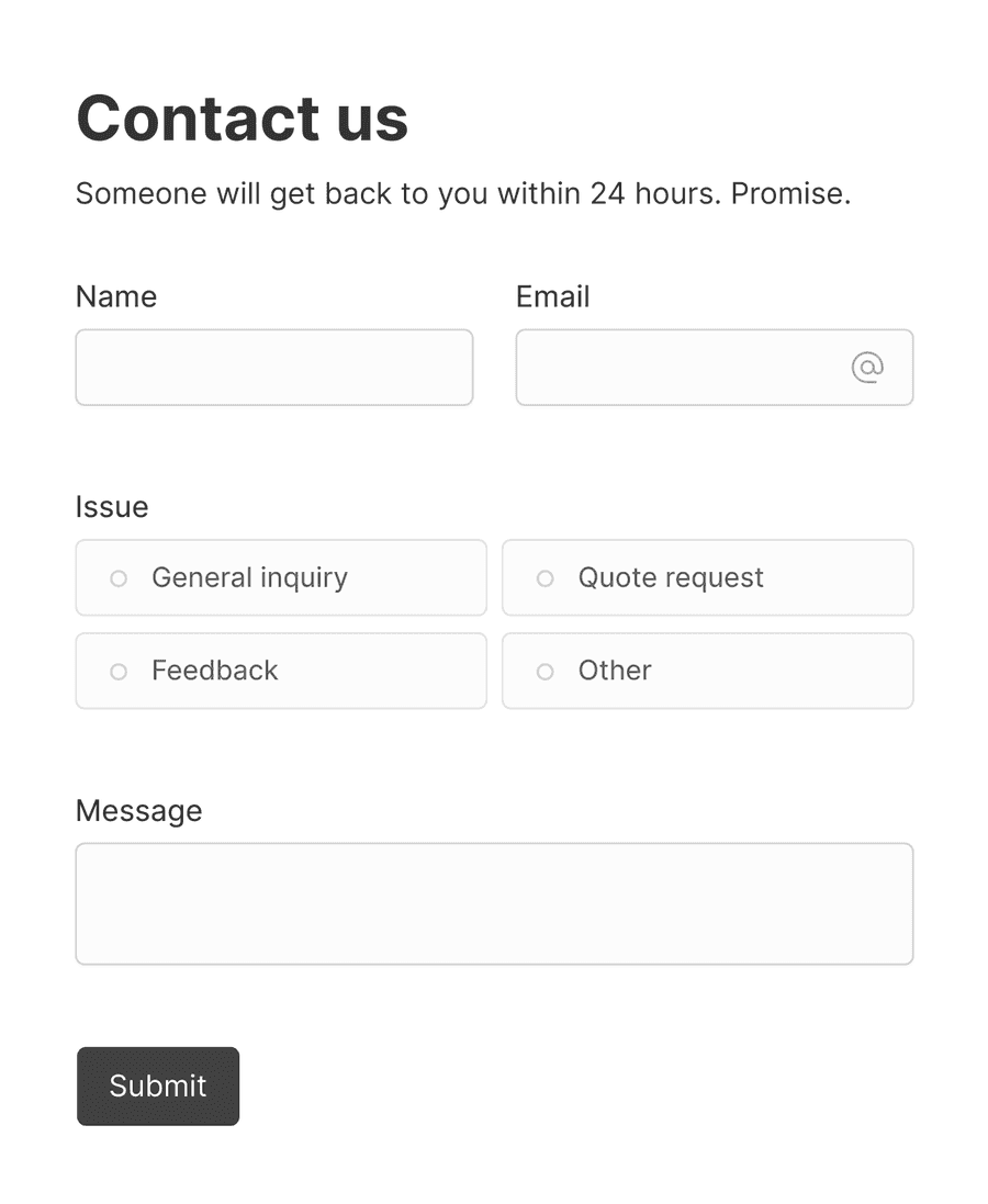 'Contact us' form with various input fields and a submit button