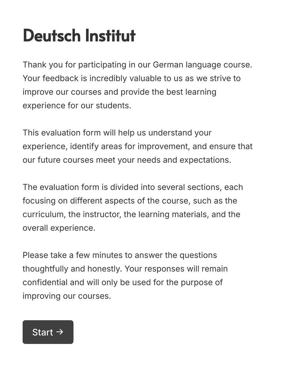 Welcome page of a course evaluation form describing the parts of the evaluation, along with a 'Start' button.