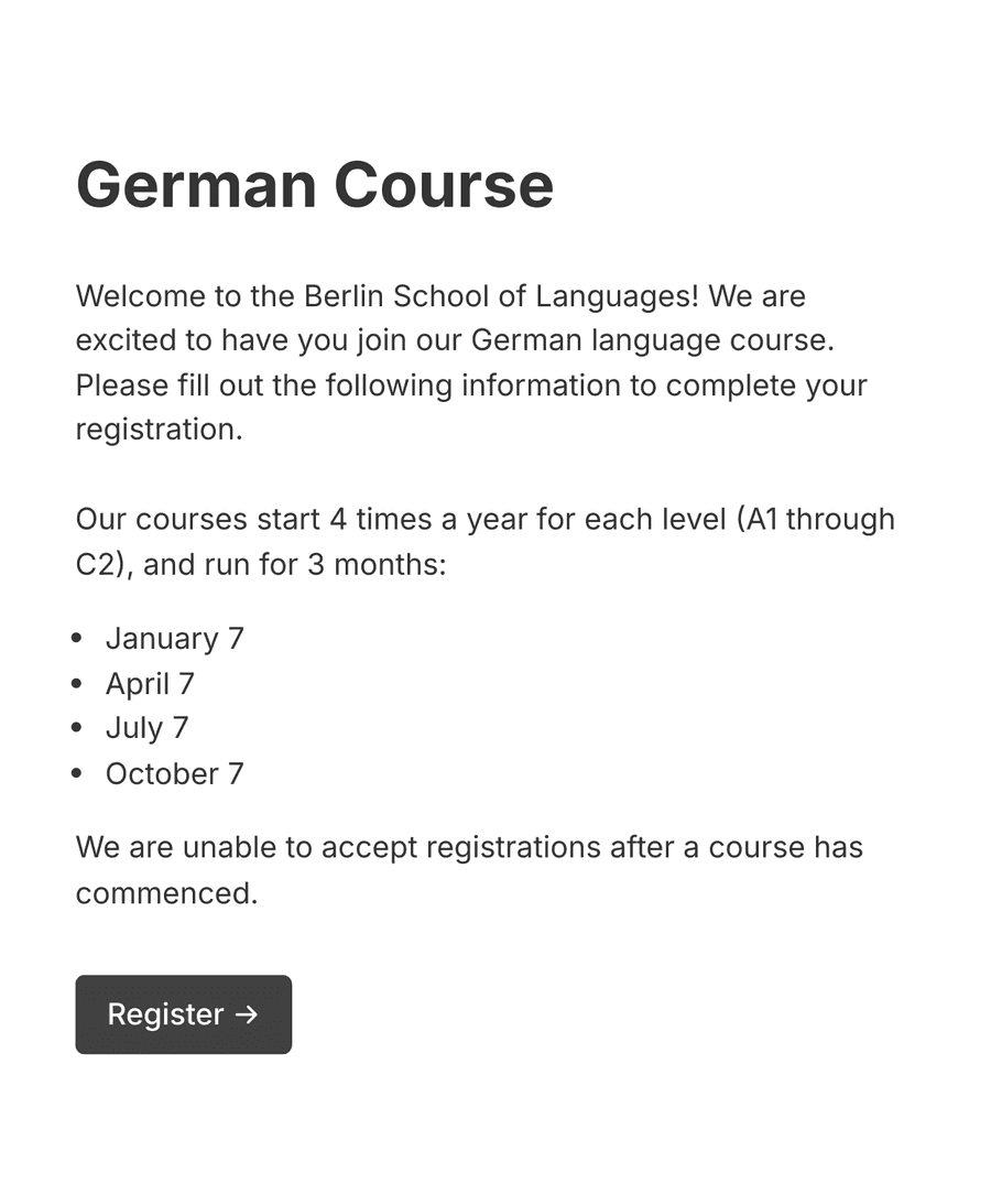 Welcome page of a language course registration form with information about registration, course dates, and a 'Start' button