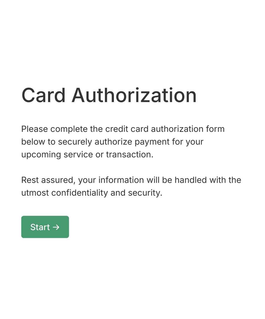 Welcome step of 'Credit card authorization form' with introduction text, and a 'Start' button