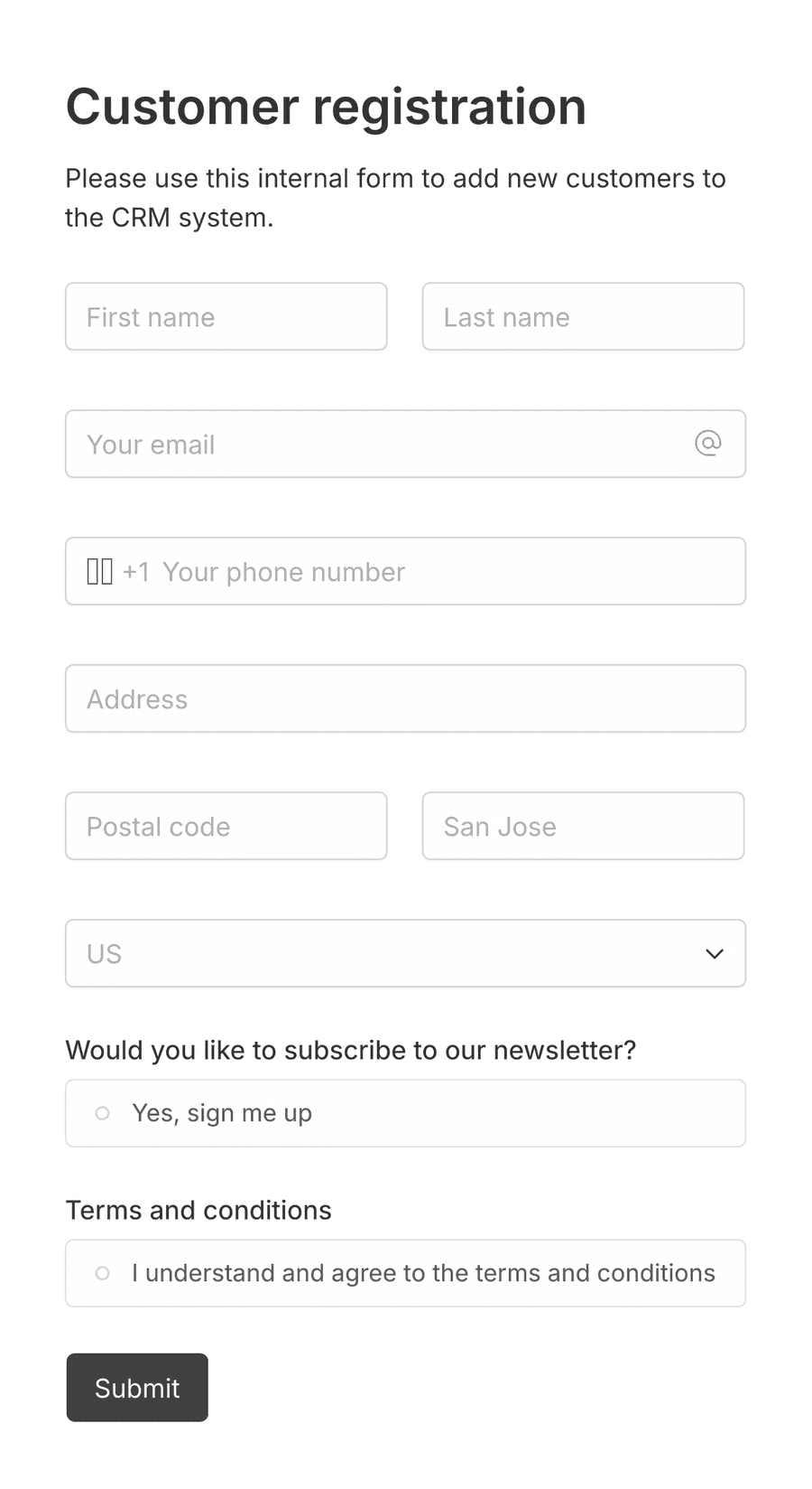 'Customer registration form' form with various input fields and a submit button