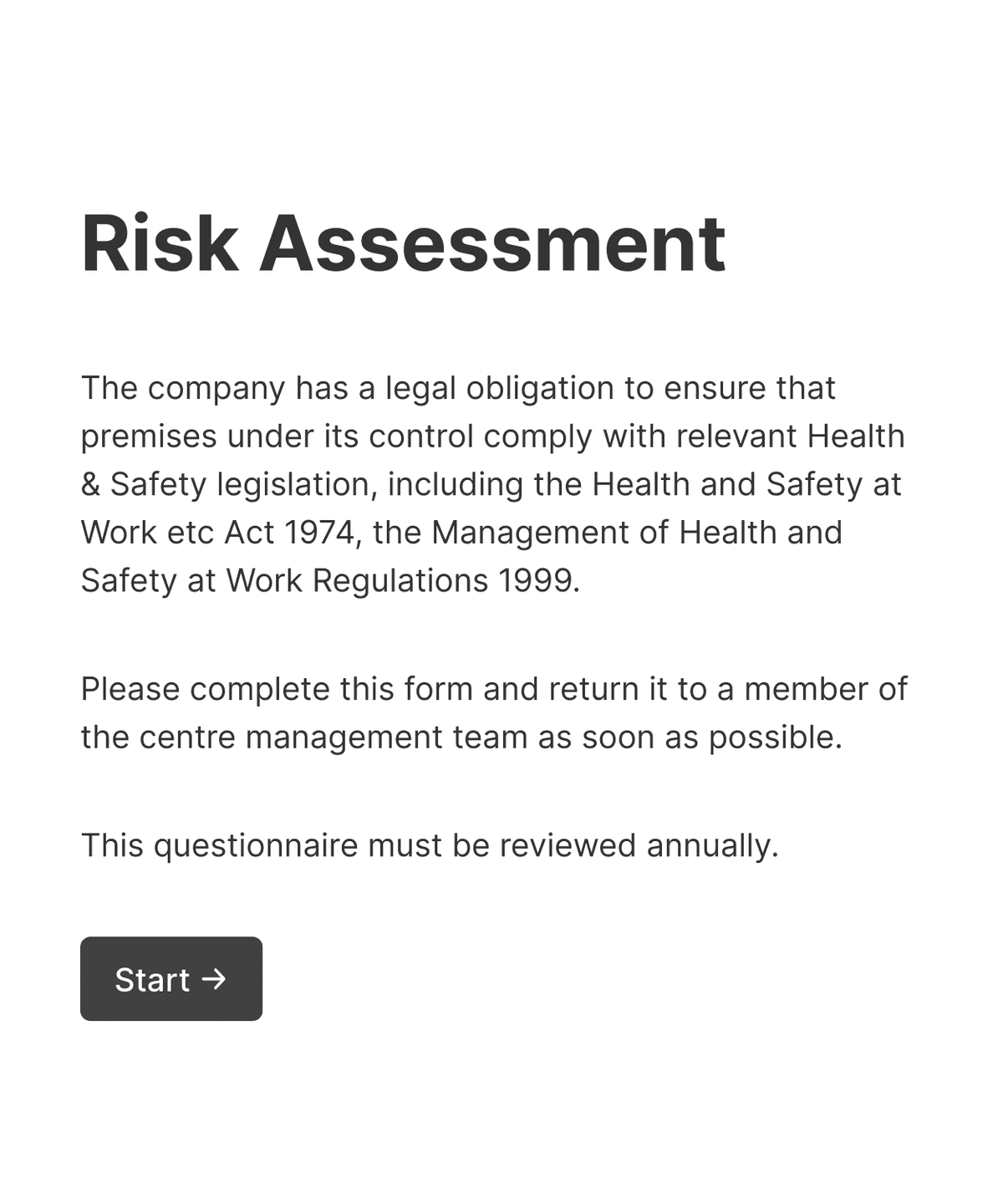 Welcome step of 'Customer risk assessment questionnaire' with introduction text, and a 'Start' button