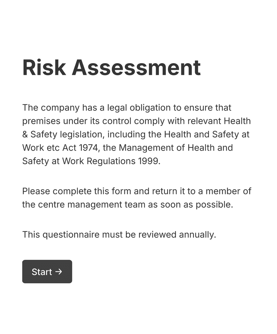 Welcome step of 'Customer risk assessment questionnaire' with introduction text, and a 'Start' button