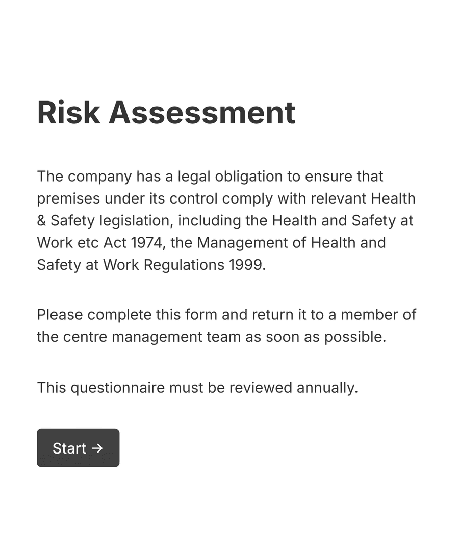 Welcome step of 'Customer Risk Assessment Form' with introduction text, and a 'Start' button