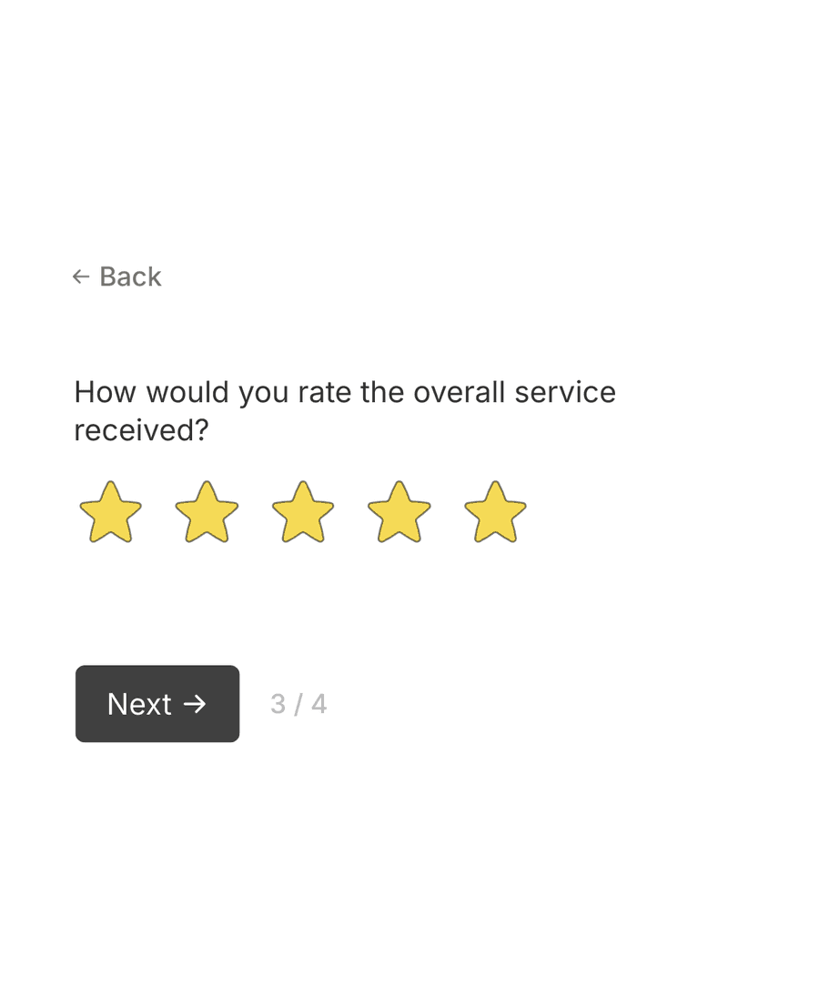 'Overall rating' step of 'Customer satisfaction survey' with form inputs and a next button