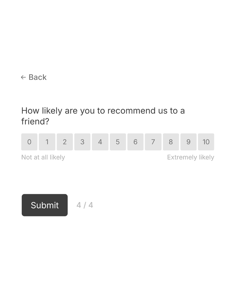 'Recommend us' step of 'Customer satisfaction survey' with form inputs and a submit button