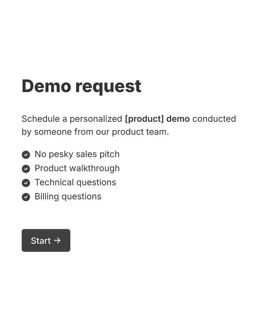 Welcome page of a demo request form with company name, introduction text, and a 'Start' button