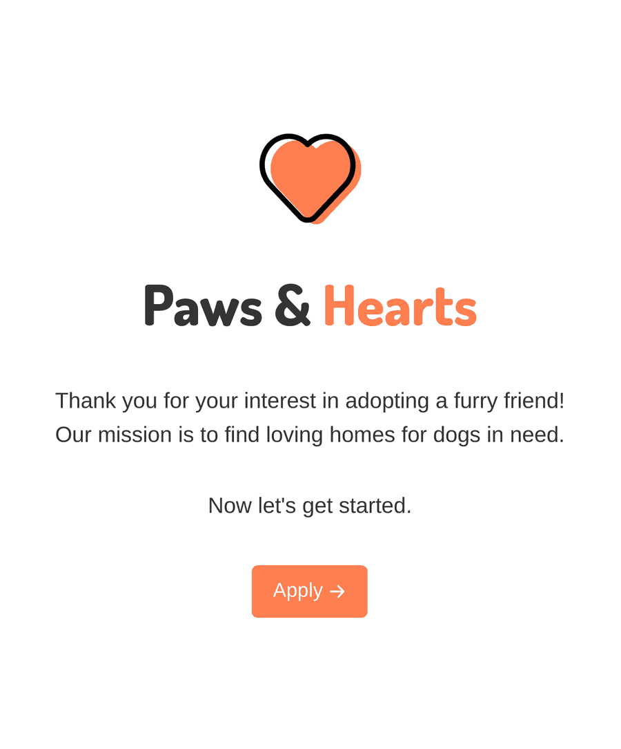 Welcome step of 'Dog adoption application form' with an image, introduction text, and a 'Apply' button