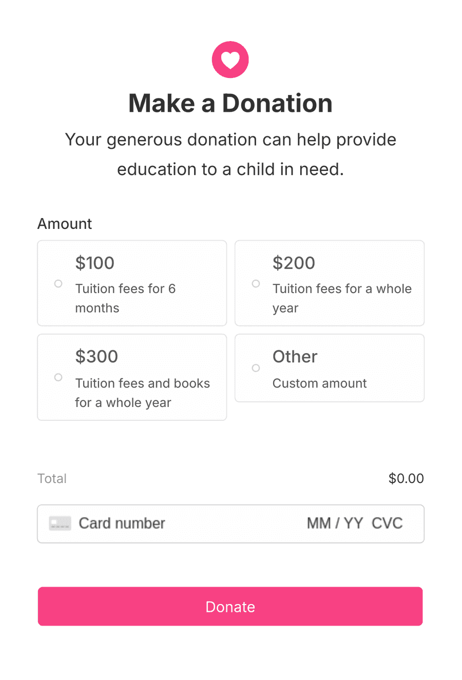 Donation form with amount selection and a credit card field