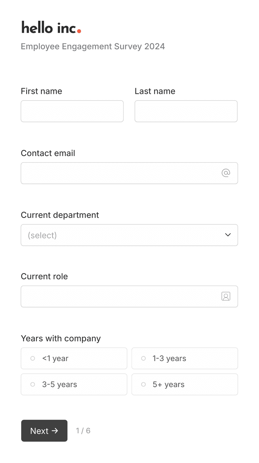 First page of a survey with company logo, form name, and employee detail input fields