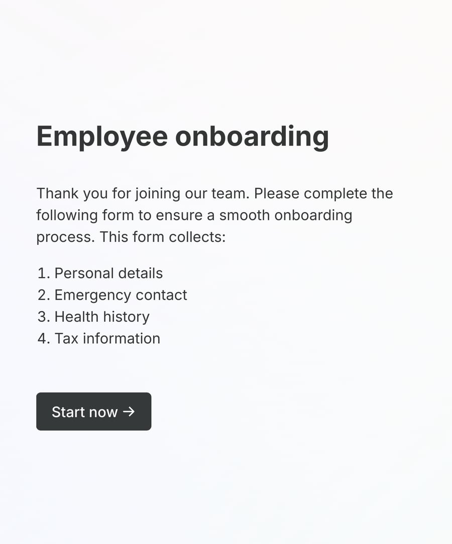 Intro page of an employee onboarding form with a short welcome text, a list of form pages, and a 'Start now' button