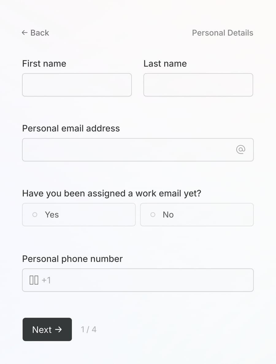 'Personal Details' step of 'Employee onboarding form' with form inputs and a next button