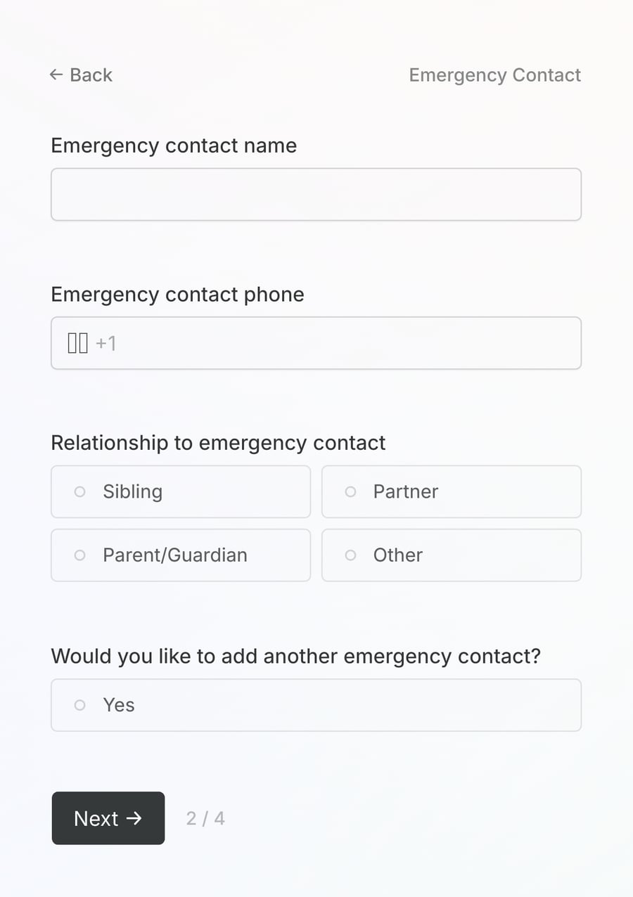 'Emergency Contact' step of 'Employee onboarding form' with form inputs and a next button