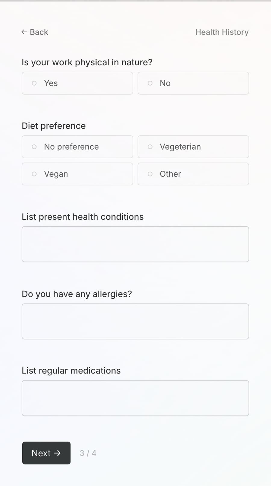 'Health History' step of 'Employee onboarding form' with form inputs and a next button