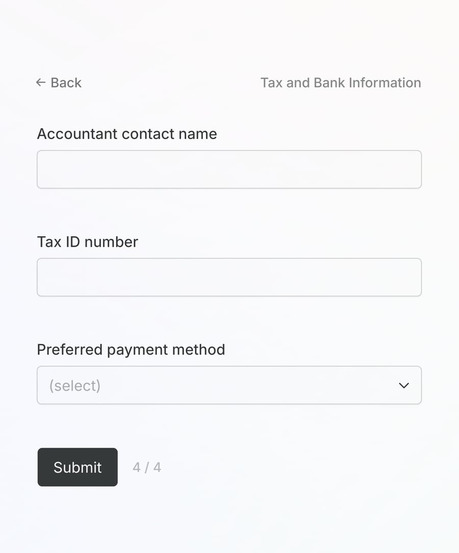 'Tax and Bank Information' step of 'Employee onboarding form' with form inputs and a submit button