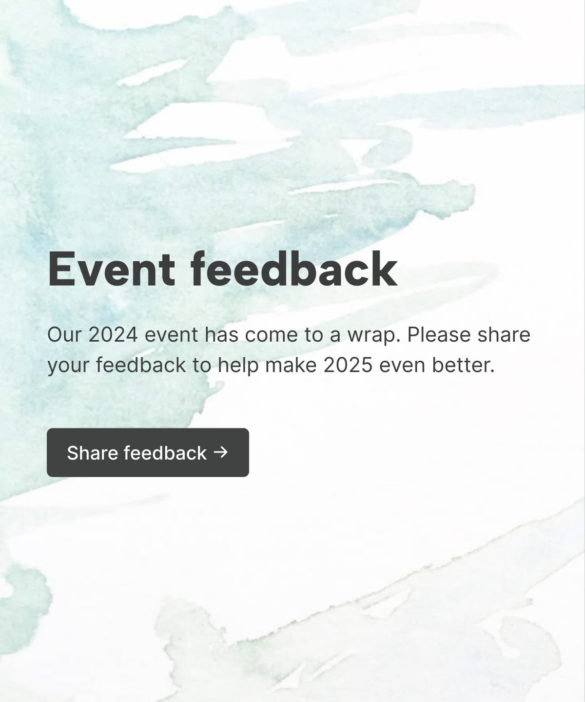 Welcome page of a post-event feedback form with a minimal background image, welcome text, and a 'Start' button