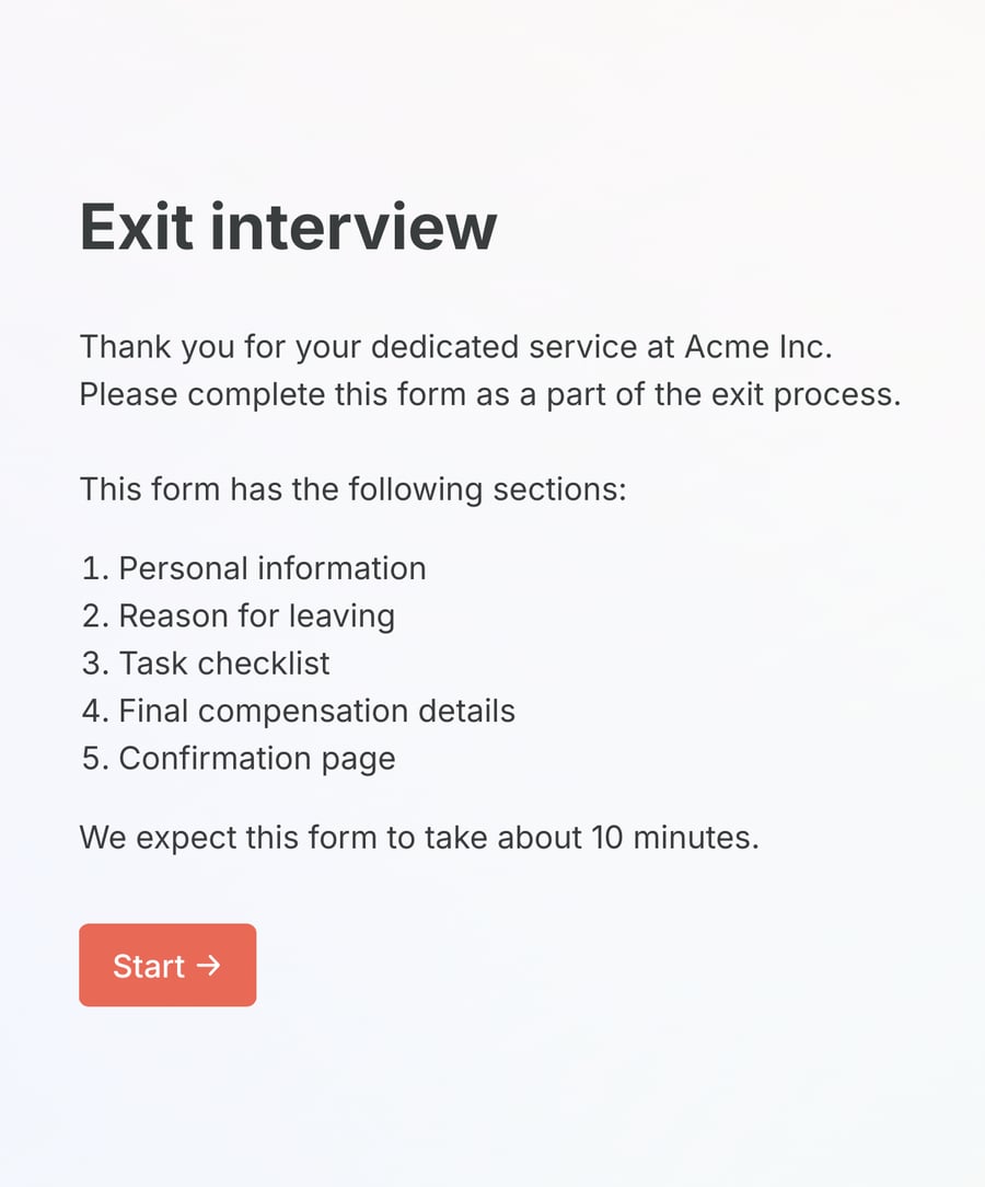 Welcome page of an exit interview form with a start button